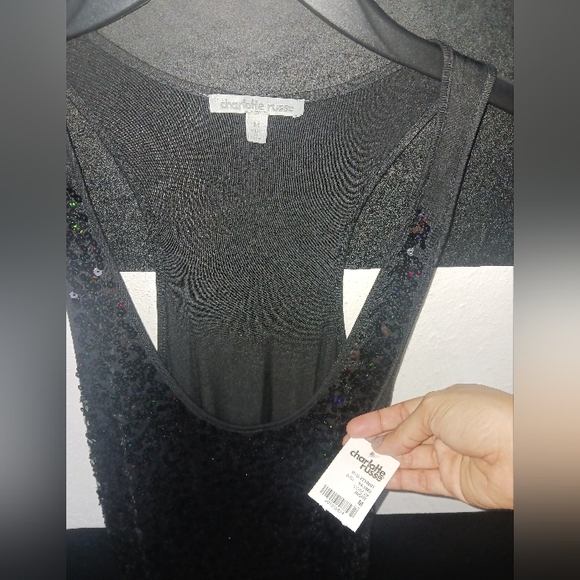 NEW Charlotte Russe Women Black sequined tank tee top - Picture 6 of 10